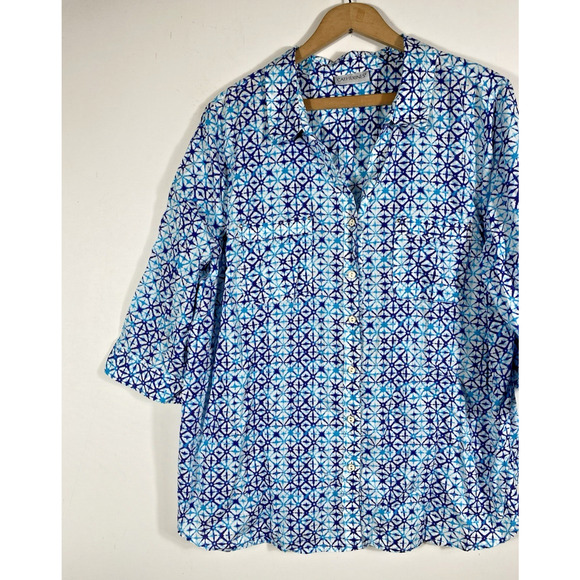 Catherines Top Size 1X Button Up Blue & White Print Coastal Beachy Blouse Mature - Picture 2 of 14